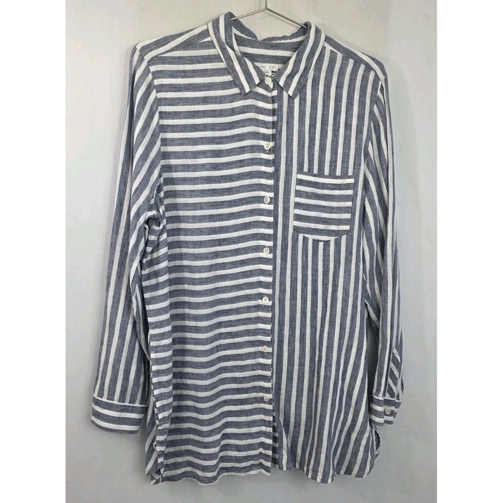 J Jill Love Linen Sz. L Button Up Tunic Shirt Blue White Stripe Coastal Chic